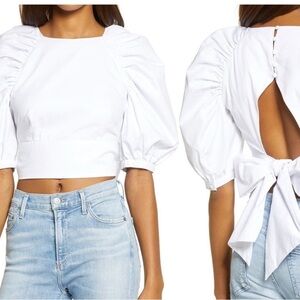 Bardot White Puff Sleeve Blouse with Tie-Back